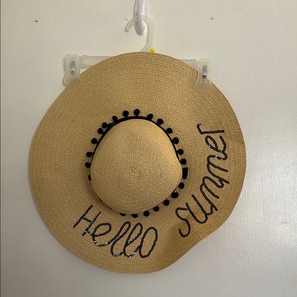 Tan Straw Sun Hat with Black Pom Poms